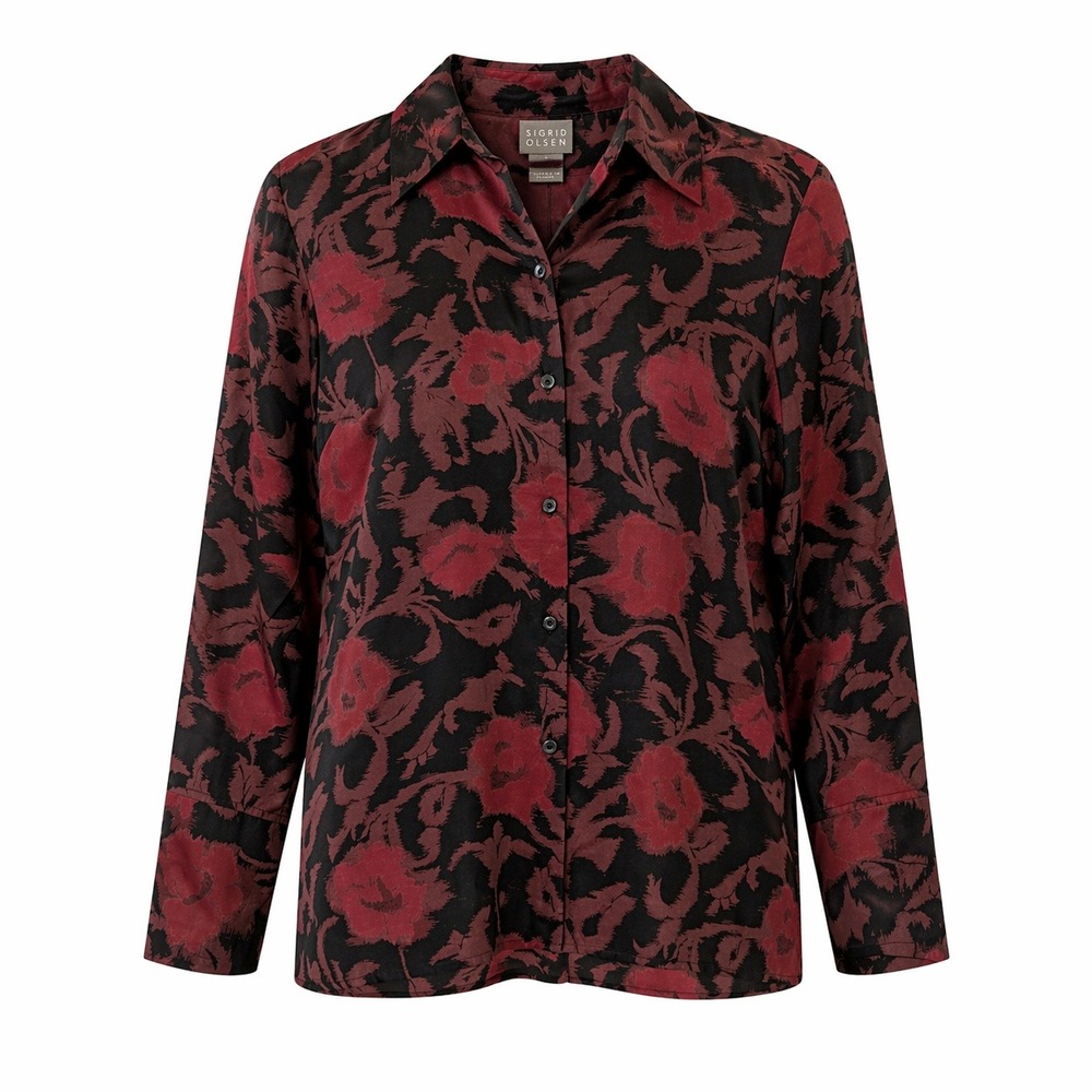 Sigrid Olsen Dark Romantic Floral Silk Wool Button Down Long Sleeve Shirt Size S